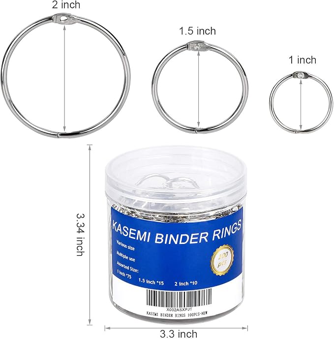 Binder Rings,KASEMI 100pcs Book Rings Assorted Sizes (1,1.5,2 inch) for School,Classroom,Office