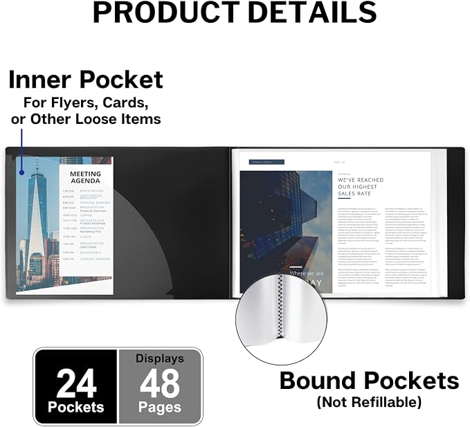 Dunwell 8.5x11 Portfolio Binder (Horizontal), Plastic Presentation Book, 24 Pockets Displays 48 Pages of Letter Size Documents, Certificates, Keepsakes, Art Portfolio Folder, 2 Pack, Black