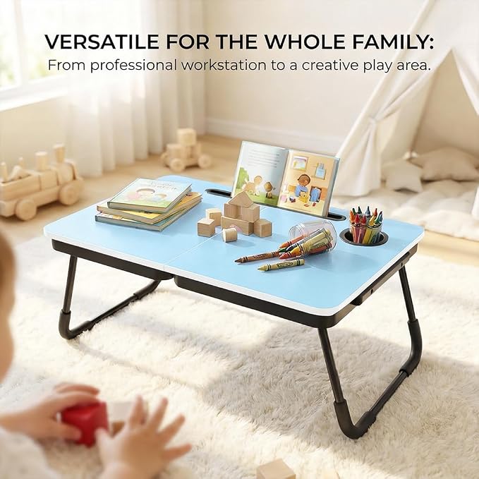 BUYIFY 23.4" Foldable Lap Desk Bed Table with Cup Holder Portable Tray Blue | Folds Flat for Easy Storage, No Assembly Laptop Bed Desk, Sturdy and Lightweight, Versatile for Work Eat Study, Patent Design