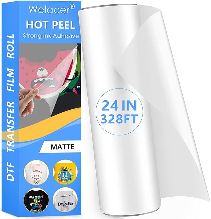 DTF Transfer Film Roll 24 Inch x 328 FT for Double-Side Matte Clear Pretreat Sheets, PET Heat Transfer Paper for Inkjet Printer Direct Print(Hot & Cold Peel)