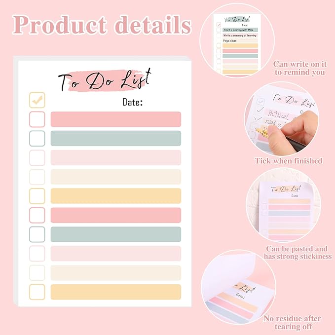 4 Pack to Do List Notepad, 4x6 Daily to Do List Sticky Notes | 200 sheets, Pastel colors, Memo pad, Smooth writing paper, for office, school, home and planners
