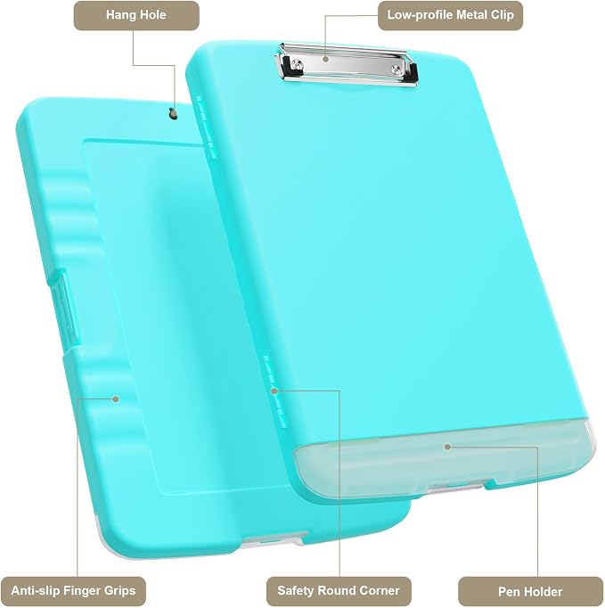Piasoenc Clipboard with Storage, 8.5 x 11 Organization Box with Pen Holder and A4 Legal Paper Folder, Heavy Duty Plastic, Folio & Side-Opening, Low Profile Clip for Nurses, Teachers, Peacock Green
