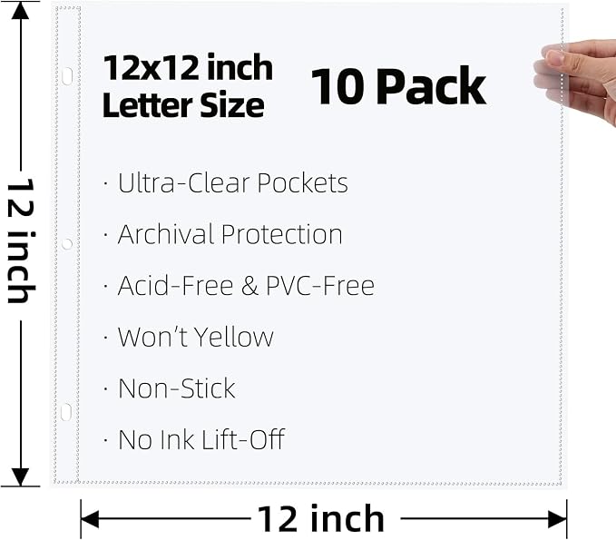 Vienrose Scrapbook Refill Pages 12x12, 10 Pack Heavyweight Clear Page Protectors for 3 Ring Binders, Top Loading Plastic Sleeves for Scrapbook Albums & Photo Storage (No Paper Inserts, Acid Free)