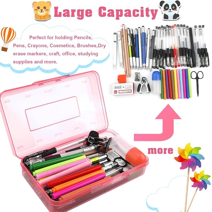 Pencil Case, Pencil Box, Crayon Box, Clear Pencil Case, 2 Pack Plastic Pencil Case, Clear Pencil Boxes with Snap-tight Lid Stackable Design, Plastic Storage Box for School Office Supplies, Pink+Green