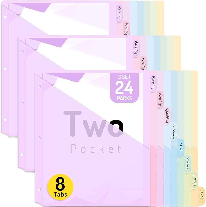 Forvencer 24 Count Dividers with Two Pockets, 8 tab Binder Dividers for 3 Ring Binder Organizer, Binder Divider with Tabs for School Office and Home Organization, Multicolor, 3 Sets