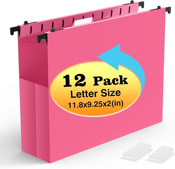 Shutex Extra Capacity Plastic Hanging File Folders,12 Pack Reinforced Expanding Hang Folder Letter Size,Accordian Pocket,Heavy Duty 2 Inch Expansion, Hard Hanging Folder Organizer for Office Home,Pink