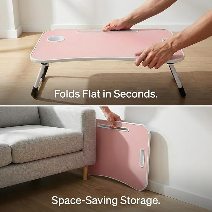 BUYIFY 23" Foldable Lap Desk for Laptop Writing w/Cup Holder Pink | Sturdy and Durable, Laptop Bed Desk with Tablet Slot, No Assembly, Space Saving for Bed Couch Dorm WFH Students