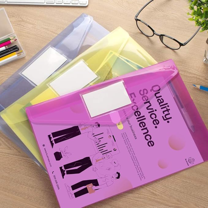 Sooez 24 Pack File Folders, Clear Poly Envelopes Plastic Folders, Folder for Documents Letter A4 Size with Label Pocket, Teacher School Office Supplies Organization Storage, Assorted Color
