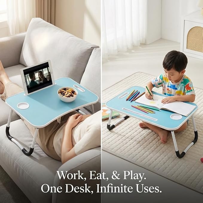 BUYIFY 23" Foldable Lap Desk for Laptop Writing w/Cup Holder Blue | Sturdy and Durable, Laptop Bed Desk with Tablet Slot, No Assembly, Space Saving for Bed Couch Dorm WFH Students