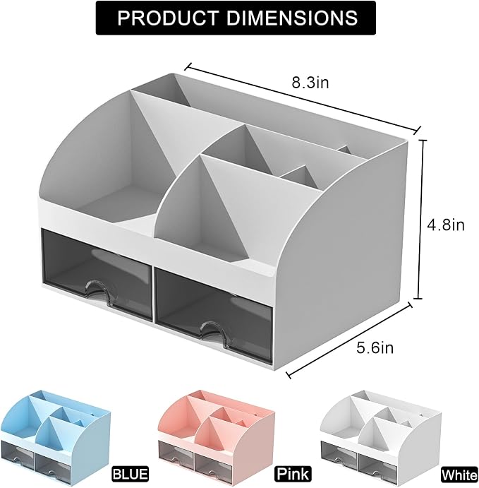 COMFYROOM Desk Organizer with 6 Compartments and 2 Drawers, Plastic Makeup Organizer, Pen Holder for Desktop Storage, Desk Organization for School, Home, Office Supplies (Grey)