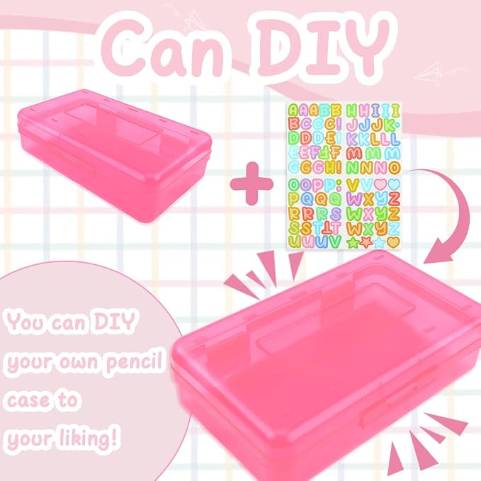 Blue Large Plastic Pencil Box 3 Pack with Aesthetic Design and Hard Case, Comes with Stickers in Pink and Clear Colors