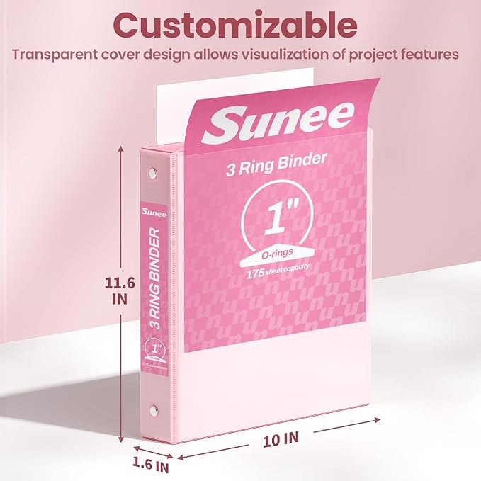SUNEE 3 Ring Binder 1 Inch 4 Pack, Clear View 1" Binders Three Ring PVC-Free (Fit 8.5x11 Inches) for School or Office Supplies, Assorted Pastel