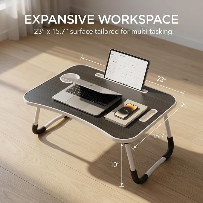 BUYIFY 23" Foldable Lap Desk for Laptop Writing w/Cup Holder Black | Sturdy and Durable, Laptop Bed Desk with Tablet Slot, No Assembly, Space Saving for Bed Couch Dorm WFH Students