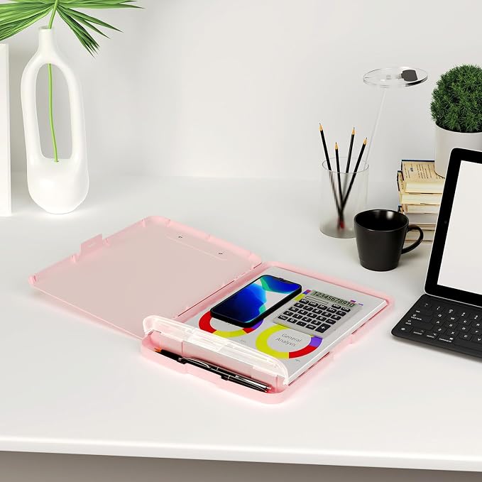 Piasoenc Clipboard with Storage, 8.5 x 11 Organization Box with Pen Holder and A4 Legal Paper Folder, Folio & Side-Opening, Low Profile Clip,for Nurses,Teachers, Size 14 x 9.6 x 1.2 in, Pink