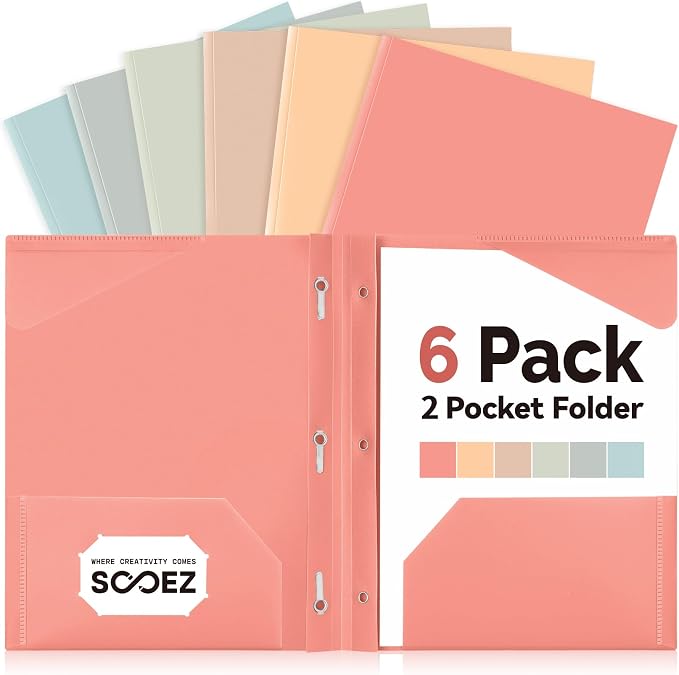 Sooez Plastic Folders with Pockets and Prongs, 6 Pack Pocket Folders with Prongs, Heavy Duty 3 Prong Folder with 2 Pocket for Document, Colored File Folders Back to School Supplies, Light Retro