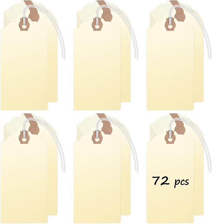 Uniclife 72 Pcs Blank Shipping Tags with Elastic String Attached Cardstock Paper Hang Tags with Reinforced Eyelet Large Marking Price Tag Inventory Label Tag, Beige (4.7" x 2 3/8")