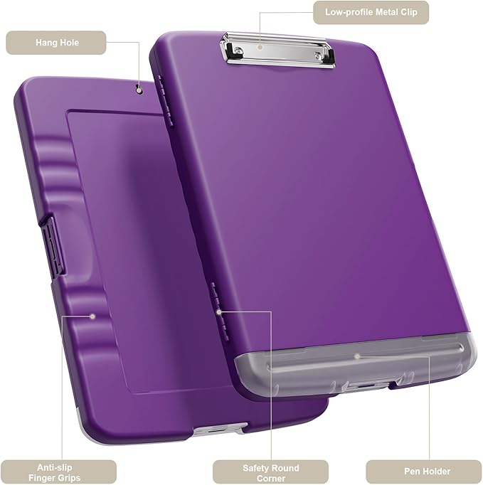 Piasoenc Clipboard with Storage, 8.5 x 11 Organization Box with Pen Holder and A4 Legal Paper Folder, Folio & Side-Opening, Low Profile Clip,for Nurses,Teachers, Size 14 x 9.6 x 1.2 in, Deep Purple