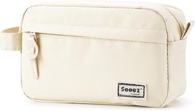 Sooez Original High Capacity Pencil Case, Big Pencil Bag Pouch Box Organizer Pen Case, Aesthetic Supply for Girls Adults, Portable Journaling Supplies with Easy Grip Handle & Loop, Beige