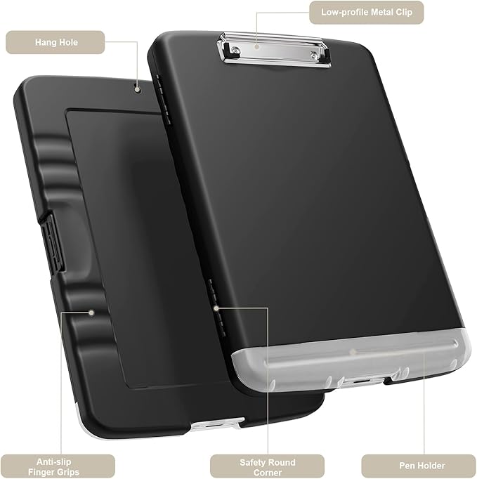 Piasoenc Clipboard with Storage, 8.5 x 11 Organization Box with Pen Holder and A4 Legal Paper Folder, Folio & Side-Opening, Low Profile Clip,for Nurses,Teachers, Size 14 x 9.6 x 1.2 in, Black