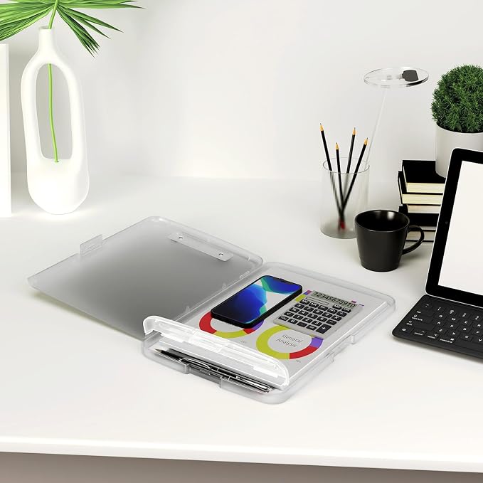 Piasoenc Clipboard with Storage, 8.5 x 11 Organization Box with Pen Holder and A4 Legal Paper Folder, Folio & Side-Opening, Low Profile Clip,for Nurses,Teachers, Size 14 x 9.6 x 1.2 in,Translucent