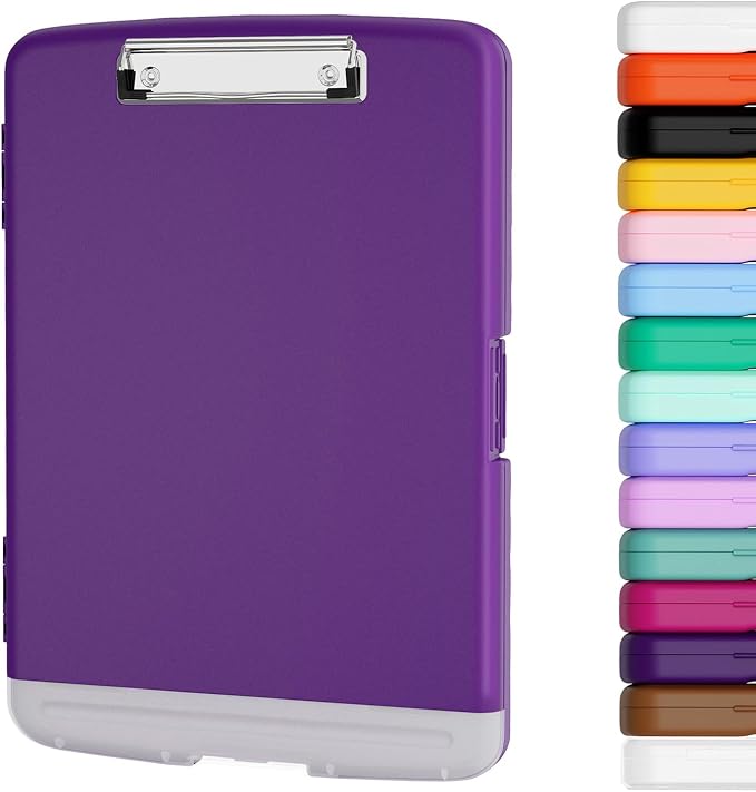 Piasoenc Clipboard with Storage, 8.5 x 11 Organization Box with Pen Holder and A4 Legal Paper Folder, Folio & Side-Opening, Low Profile Clip,for Nurses,Teachers, Size 14 x 9.6 x 1.2 in, Deep Purple