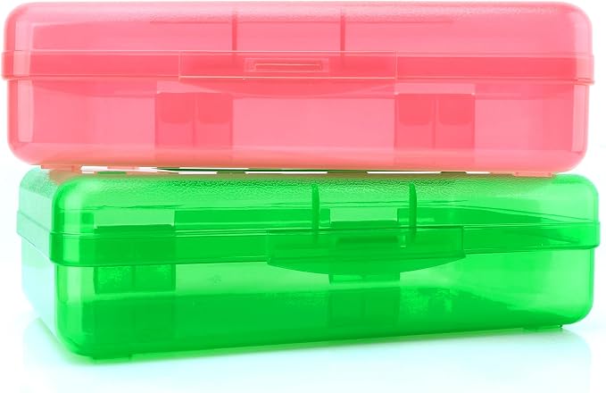 Pencil Case, Pencil Box, Crayon Box, Clear Pencil Case, 2 Pack Plastic Pencil Case, Clear Pencil Boxes with Snap-tight Lid Stackable Design, Plastic Storage Box for School Office Supplies, Pink+Green