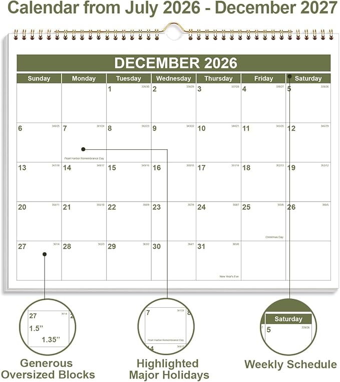 Calendar 2026-2027 - Wall Calendar 2026-2027 from July 2026 - December 2027, Spiral Binding Hanging Wall Calendar 2026 for Home/Office, 8.5" x 11", Green