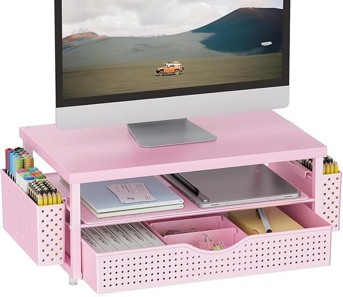 gianotter Desk Organizers and Accessories, Monitor Stand with Drawer and 2 Pen Holder, Desktop Organizer Suitable for Offices and Dormitories (Pink-Plain)
