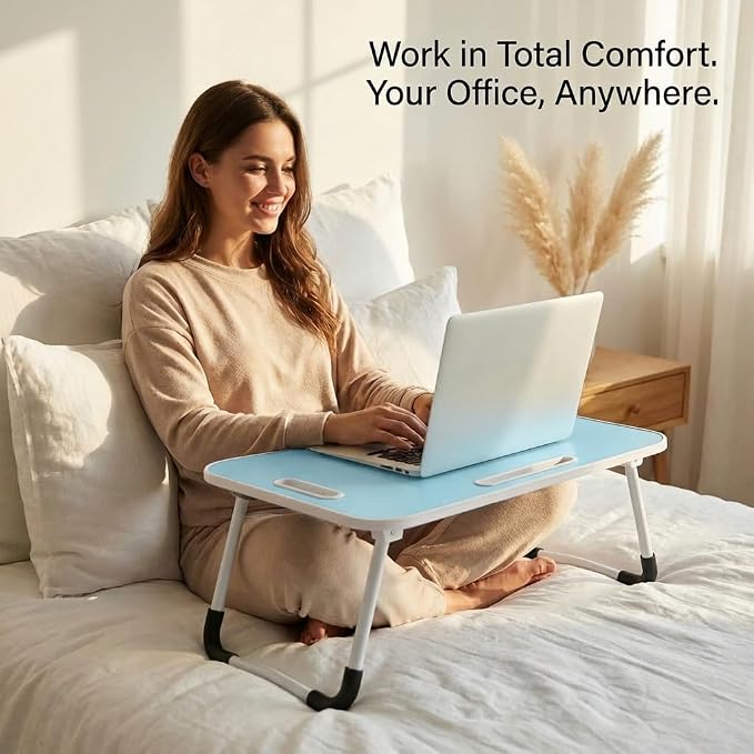BUYIFY 23" Foldable Lap Desk for Laptop Writing w/Cup Holder Blue | Sturdy and Durable, Laptop Bed Desk with Tablet Slot, No Assembly, Space Saving for Bed Couch Dorm WFH Students