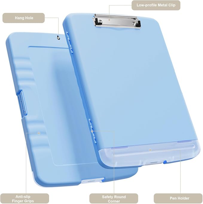 Piasoenc Clipboard with Storage, 8.5 x 11 Organization Box with Pen Holder and A4 Legal Paper Folder, Folio & Side-Opening, Low Profile Clip,for Nurses,Teachers, Size 14 x 9.6 x 1.2 in, Dark Blue
