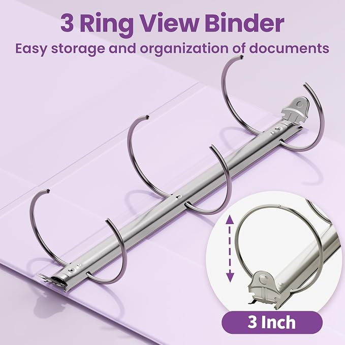 SUNEE 3 Ring Binder 3 Inch 4 Pack, 3" Clear View Binder Three Ring PVC-Free (Fit 8.5x11 Inches) for School or Office Supplies, Purple