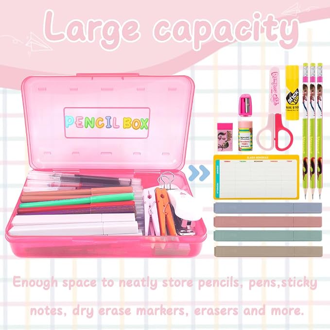 Pink and Green Pencil Box, Clear Case, Large Capacity Hard Stackable Storage for Girls, 2 Pack
