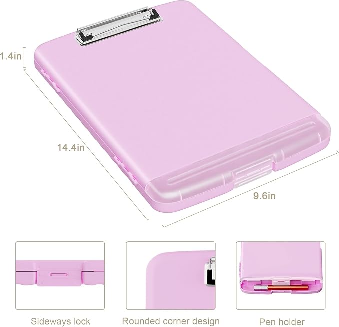 Piasoenc Clipboard with Storage, 8.5 x 11 Organization Box with Pen Holder and A4 Legal Paper Folder, Folio & Side-Opening, Low Profile Clip,for Nurses,Teachers, Size 14 x 9.6 x 1.2 in, Deep Pink