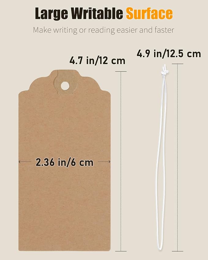 Uniclife 72 Pcs Blank Shipping Tags with Elastic String Attached Kraft Paper Hang Tags with Reinforced Eyelet Large Marking Price Tag Inventory Label Tag, Brown (4.7" L x 2 3/8" W)