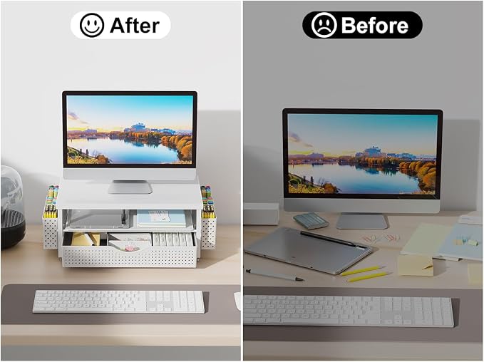 gianotter Desk Organizers and Accessories, Monitor Stand with Drawer and 2 Pen Holder, Desktop Organizer Suitable for Offices and Dormitories (White-Plain)