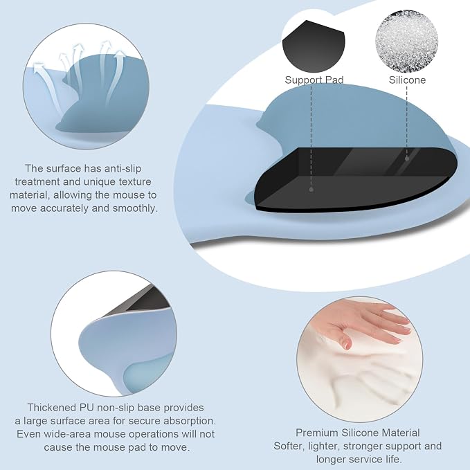 MOSISO Wrist Rest Support for Mouse Pad&Keyboard Set, Circle Curved Ergonomic Mousepad&Coaster Non-Slip Base Home/Office Pain Relief&Easy Typing Pad with Soft Cloth&Silicone Lining, Air Blue