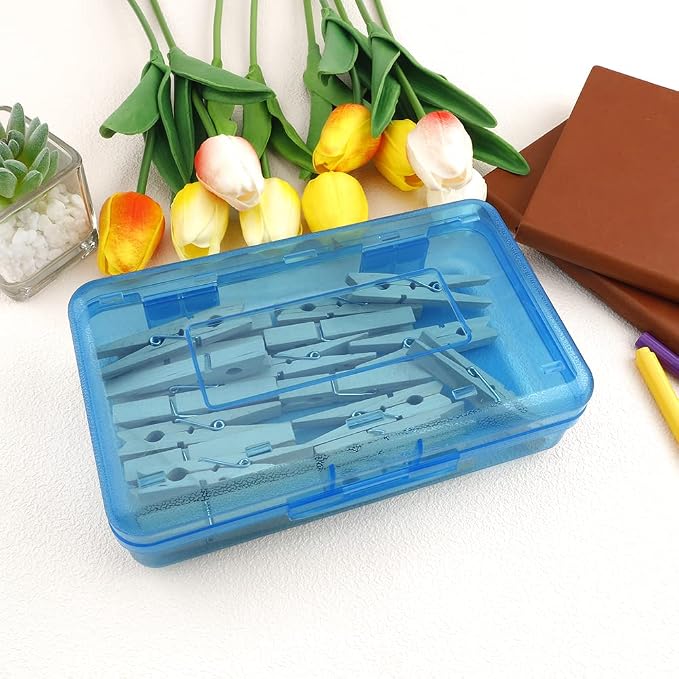 Pencil Box, Large Capacity Clear Pencil Case, 1 Pack Hard Pencil Case, Clear Crayon Box with Snap-tight Lid Stackable Design, Plastic Storage Box for Office Supplies, Blue