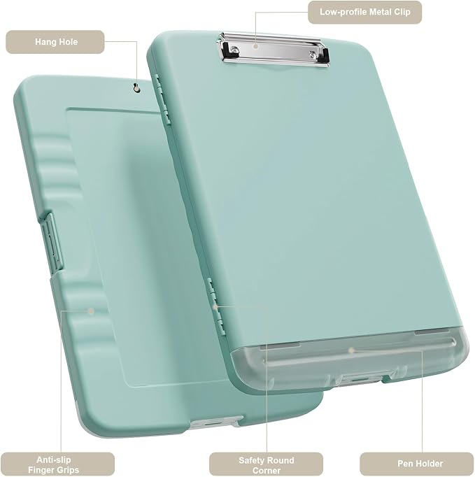Piasoenc Clipboard with Storage, 8.5 x 11 Organization Box with Pen Holder and A4 Legal Paper Folder, Folio & Side-Opening, Low Profile Clip,for Nurses,Teachers, Size 14 x 9.6 x 1.2 in, Teal