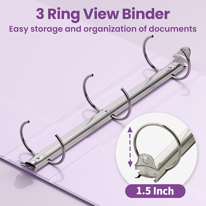 SUNEE 1.5 Inch Binders 3 Ring 4 Pack, Clear View 1 1/2 Inch Binders Three Ring PVC-Free (Fit 8.5x11 Inches) for School or Office Supplies, Purple