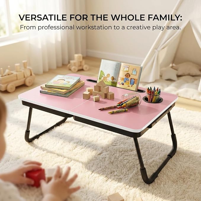 BUYIFY 23.4" Foldable Lap Desk Bed Table with Cup Holder Portable Tray Pink | Folds Flat for Easy Storage, No Assembly Laptop Bed Desk, Sturdy and Lightweight, Versatile for Work Eat Study, Patent Design