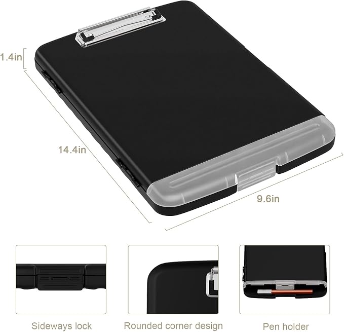 Piasoenc Clipboard with Storage, 8.5 x 11 Organization Box with Pen Holder and A4 Legal Paper Folder, Folio & Side-Opening, Low Profile Clip,for Nurses,Teachers, Size 14 x 9.6 x 1.2 in, Black