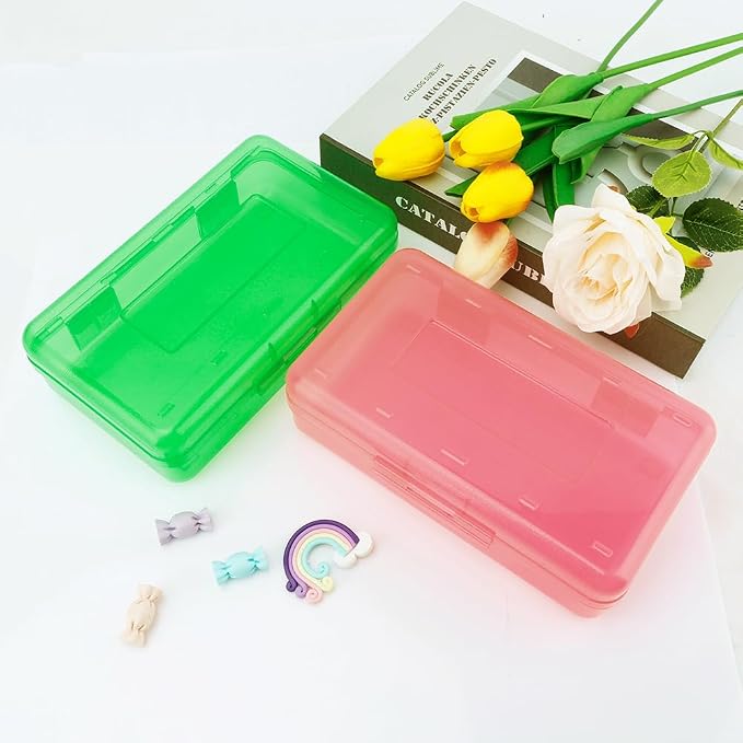 Pencil Case, Pencil Box, Crayon Box, Clear Pencil Case, 2 Pack Plastic Pencil Case, Clear Pencil Boxes with Snap-tight Lid Stackable Design, Plastic Storage Box for School Office Supplies, Pink+Green