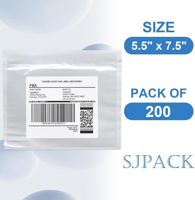7.5" x 5.5" Shipping Label Sleeves, SJPACK Clear Adhesive Top Loading Packing List/Label Envelopes Pouches(200 Bags)