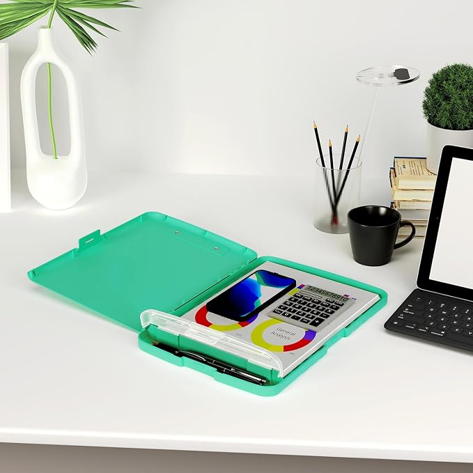 Piasoenc Clipboard with Storage, 8.5 x 11 Organization Box with Pen Holder and A4 Legal Paper Folder, Folio & Side-Opening, Low Profile Clip,for Nurses,Teachers, Size 14 x 9.6 x 1.2 in, Green