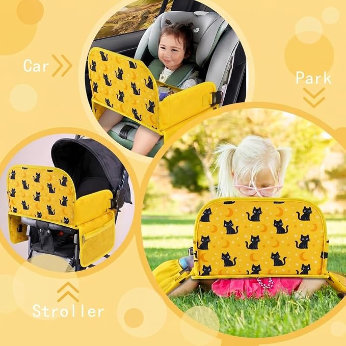MENZOKE Kids Travel Tray for Toddler Car Seat, Toddler Gift for Boy | Road Trip Essentials Accessories Lap Tray, 16.5 x 13 inch, iPad Holder Stand, Storage Pockets, Snack Compartment, Yellow