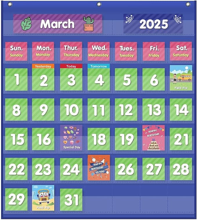 EAMAY Classroom Monthly Calendar Pocket Chart with 71 Cards for Kids Learning for Home,Blue