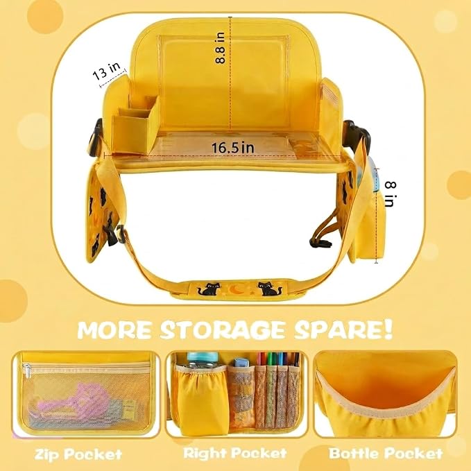 MENZOKE Kids Travel Tray for Toddler Car Seat, Toddler Gift for Boy | Road Trip Essentials Accessories Lap Tray, 16.5 x 13 inch, iPad Holder Stand, Storage Pockets, Snack Compartment, Yellow