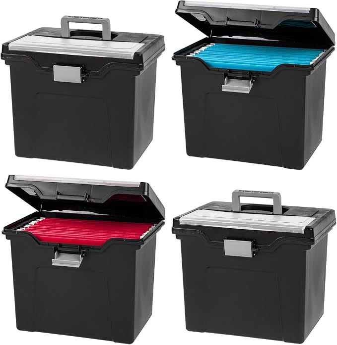 IRIS USA File Box with Lid File Organizer for Letter File w/Organizer-Lid, Water Resistant Document Box, Plastic Mobile Filing Organizer, Secure Buckle, Portable Handle, Lockable, Black 4 Pack