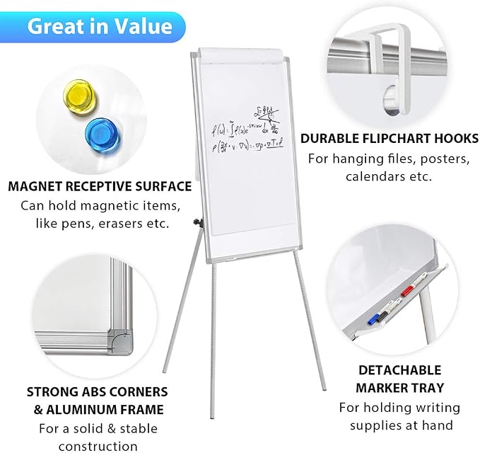 Maxtek Easel Whiteboard 40 x 28 in, Stand Tripod with Height Adjustable | Magnetic Dry Erase Surface, Flipchart Stand, Portable Tripod Easel for Office, Teaching, Home and Classroom