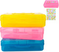 Blue Large Plastic Pencil Box 3 Pack with Aesthetic Design and Hard Case, Comes with Stickers in Pink and Clear Colors